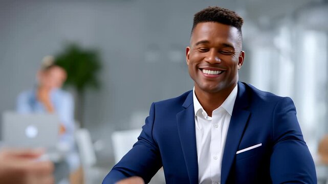 Job candidate smiles and shakes hands with interviewer after receiving hiring news. Bright, contemporary office environment. Concept of recruitment, career advancement, professional services