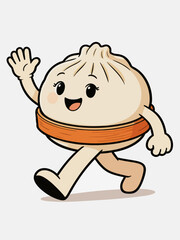 Obraz premium Cute Steamed Bun Mascot Walking and Waving Hand