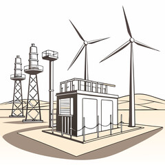 wind turbines and substation building vector illustration beige and brown © shahin