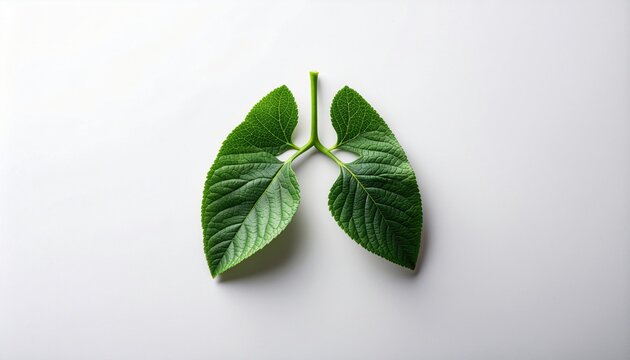 Elegant health concept showcasing human lungs represented by two large textured green leaves with visible veins on a clean surface