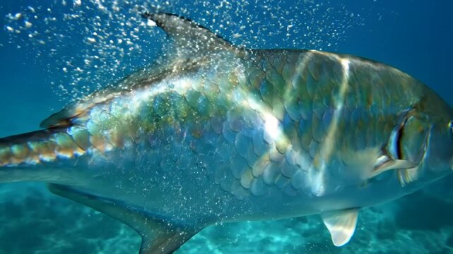 Macro view of shimmering iridescent scales on a large silver tarpon fish underwater, showing the detailed pattern and texture of the skin with light reflecting in the blue ocean.