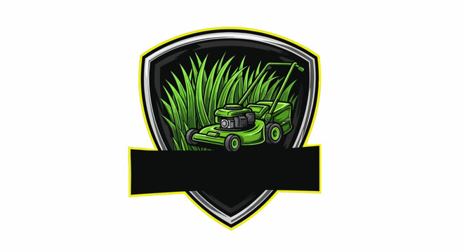 Lawn mower mascot shield logo featuring landscaping and grass cutting service branding