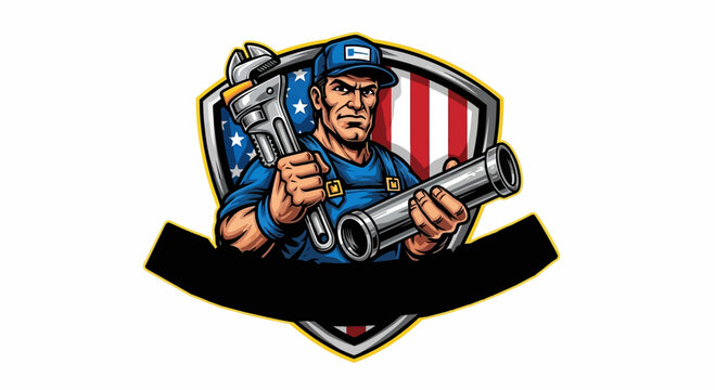 Strong construction worker mascot logo featuring industrial contractor and repair service branding