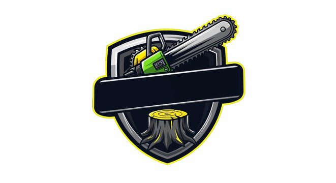 Modern chainsaw lumberjack shield logo featuring forestry and tree cutting mascot emblem design