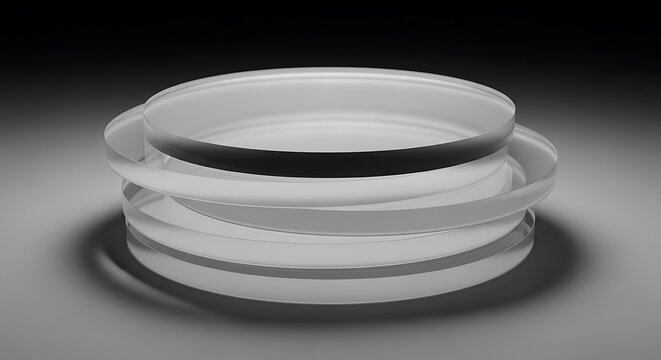 A series of stacked transparent clear glass discs designed as an abstract conceptual representation of an alvo target for precision and focus strategy