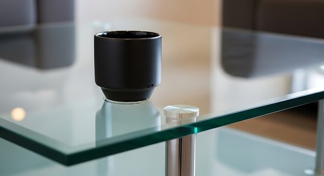 Black cylindrical object on a glass table with a silver base and knob