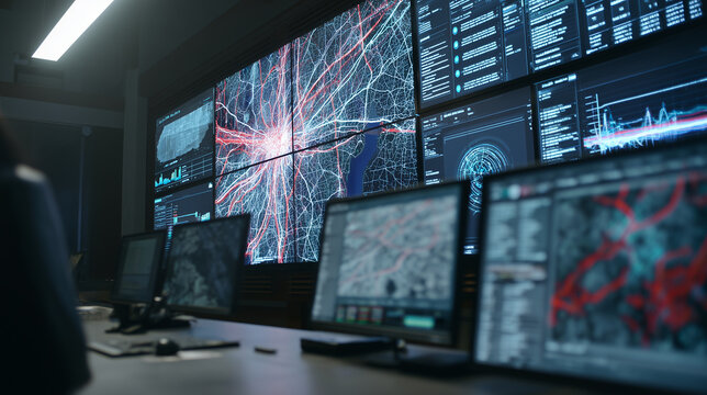 Dimly lit control room with multi-panel video wall showing radiating network map and foreground monitor, desk-level view