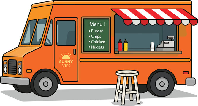 Orange food truck vector illustration, mobile kitchen with red striped awning and menu board, street food van with sunny bites logo and bar stool