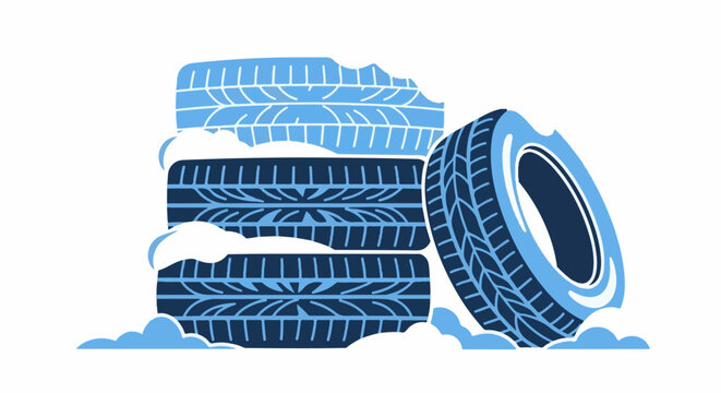 Stack of blue car tires partially covered in snow