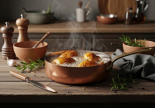 A steaming copper pan cooking chicken cacciatore with fresh herbs and spices on a rustic wooden table in a kitchen setting for a rustic gourmet meal