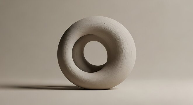 A smooth, organic doughnut-shaped object with a hollow center rests on a neutral surface, casting a soft shadow.