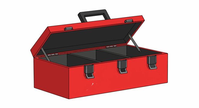 A red metal toolbox with the lid open, showing internal compartments