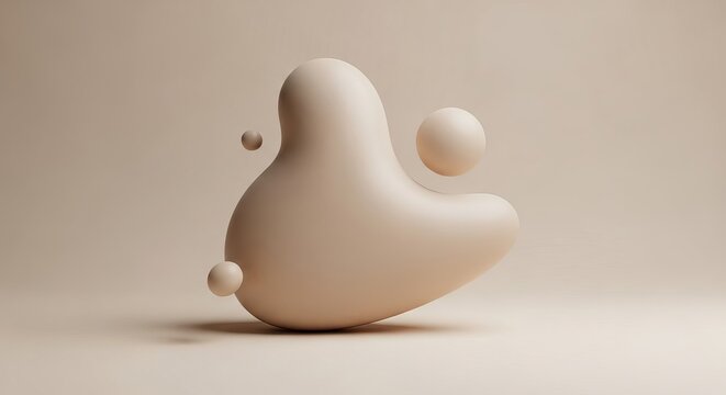 Smooth, abstract organic blob with spherical elements against a neutral background, representing fluid design concepts and modern aesthetics.