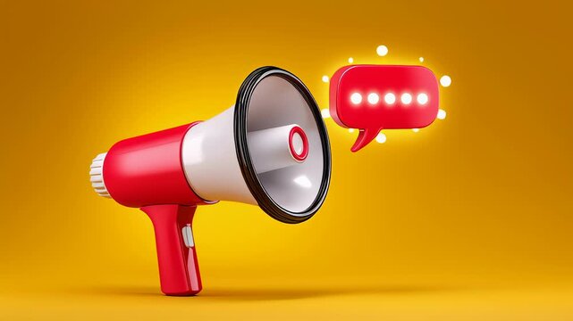 Loudspeaker emits sound with speech bubble above. Bright yellow background enhances visual impact. Concept of marketing, advertising, public speaking