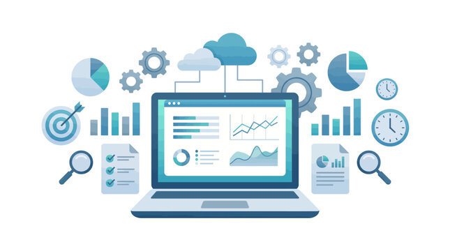 Analytics concept illustration shows flat design elements around a laptop