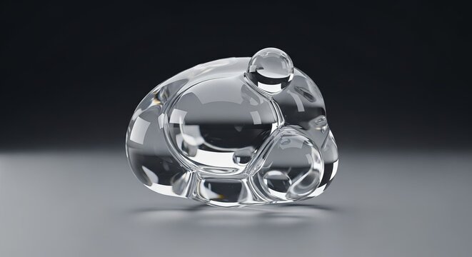 Abstract clear liquid blob with smooth rounded surfaces and internal reflections on a dark gradient background