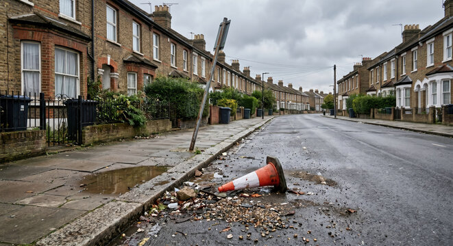 Leaning street sign and fallen traffic cone beside debris on a wet residential road after damage or maintenance work in an urban neighborhood under stormy skies.