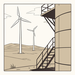 wind turbines and industrial structure vector illustration beige tones © Rifat