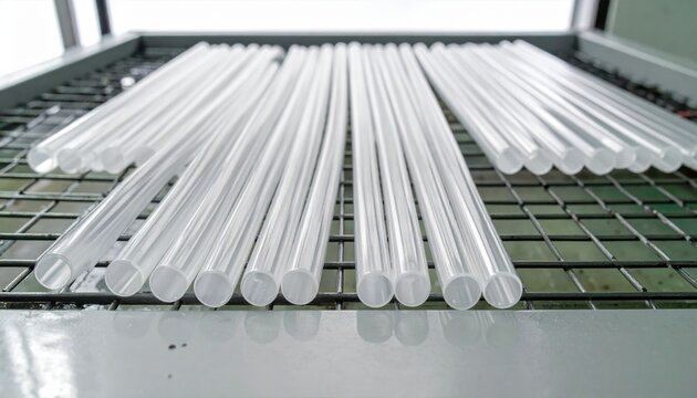 Transparent plastic rods arranged in parallel rows on a wire cooling rack in an industrial manufacturing setting. The clear tubes are ready for further processing in the production facility.