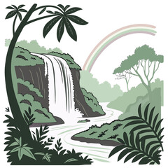 Waterfall landscape with rainbow and tropical vegetation illustration © Rifat
