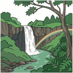 Fototapeta premium waterfall landscape illustration with rainbow and lush greenery