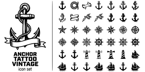 Anchor Tattoo Vintage Black White-Rope Banner Nautical-Sailor Vector-Anchor Icon Tattoo-T-Shirt Print Design Set © T-Shop
