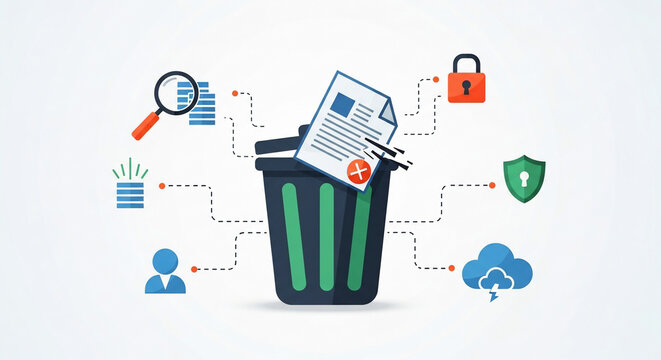 Digital data deletion, secure information disposal, and privacy concept with files in a trash can illustration.