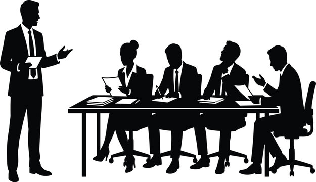 Business speaker giving presentation to corporate team sitting at conference table during boardroom meeting seminar training project workshop vector illustration,