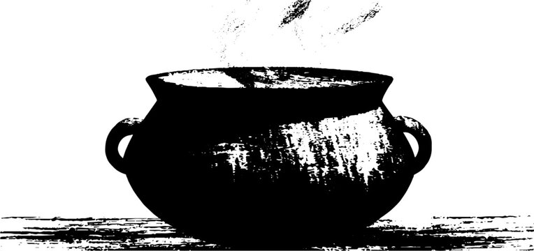 Low profile black and white cauldron silhouette with steam and ink texture for halloween poster design and eerie background composition
