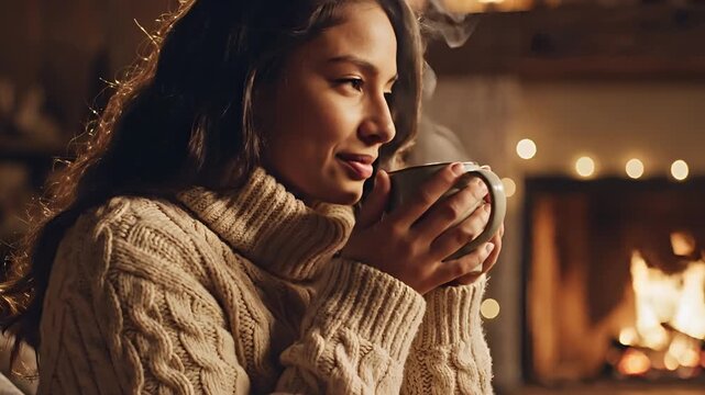 Cozy Woman Enjoying Hot Beverage by Fireplace on Cold Evening.