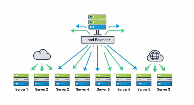 Load Balancer distributing network traffic to multiple servers in a cloud computing and data center architecture diagram illustration.