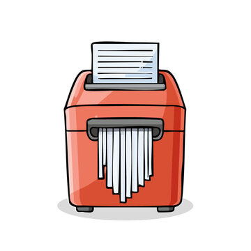 Red paper shredder destroying documents into strips for secure disposal and data protection