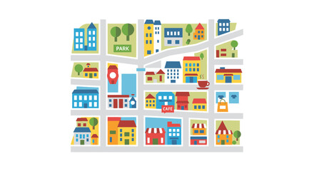 Fototapeta premium Colorful Flat Illustration of a City Map with Buildings, Streets, and Park for Urban Planning or Navigation Concepts