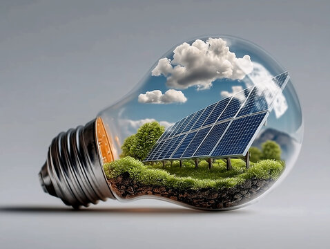 Solar panels with green grass and clouds inside a glass light bulb, renewable green energy concept. AI generated