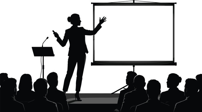 Businesswoman giving corporate presentation on stage with projector screen to professional audience at a seminar conference briefing, vector silhouette