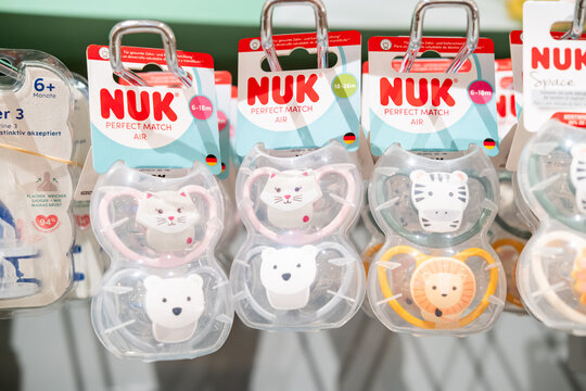  Baby Pacifiers Display Pack With Cute Animal Designs Hanging On Store Rack Milan Italy May 14, 2026