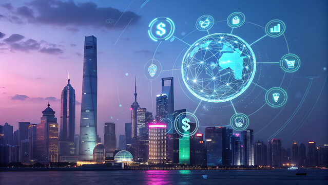 Futuristic city skyline with global digital finance network and glowing data nodes
