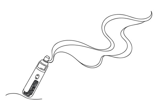 Continuous Line Drawing of a Modern Vape Pen Device with a Wavy Vapor Trail; Minimalist Vector Illustration of an Electronic Cigarette for Addiction Awareness, Health, and Modern Lifestyle Concepts.