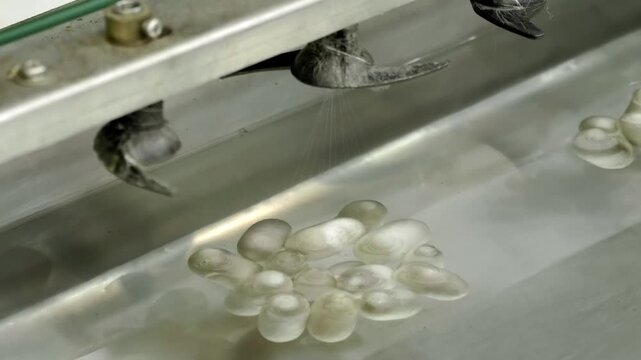 A close-up of the process of a special machine making silk from silkworm cocoons floating in water with silk threads hanging from metal vents.

