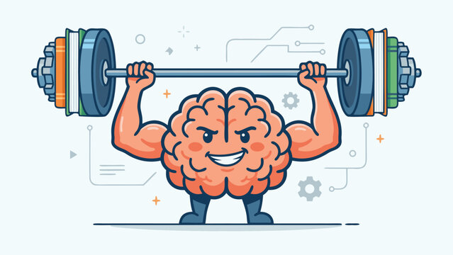 Stylized brain character with muscular arms lifting a heavy barbell made of books and gears, symbolizing mental strength, cognitive training, intelligence, education, and brain health concept.
