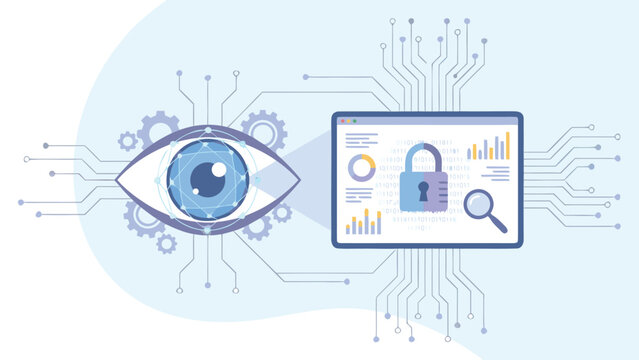 Digital Surveillance Concept with Large Stylized Eye Monitoring a Screen with Padlock, Charts, and Binary Code, Representing Cybersecurity, Data Privacy, and AI Computer Vision Technology.