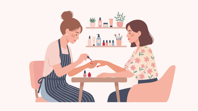 Flat vector illustration of a professional manicurist applying red nail polish to a client's fingernails in a cozy beauty salon, featuring feminine pastel colors and skincare products on shelves.