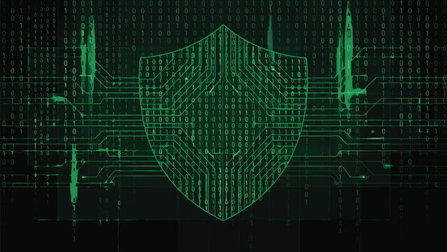 Abstract Cyber Security Background with Binary Code Rain and Digital Shield in Matrix Style. Dark Green Glowing Circuit Board Lines Protecting Data Privacy and Network Safety Vector Illustration.