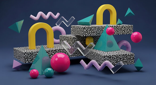 Abstract colorful 3d art background featuring Memphis style geometric line and shape pattern with glossy spheres and terrazzo textures for a creative vector illustration