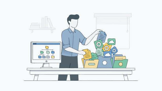 Flat vector illustration of a professional man organizing digital files, documents, and folders on a desk with a computer monitor showing a hierarchy chart, representing data management and workflow.