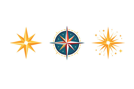 Collection of three stylized starburst and compass rose icons on a white background, featuring golden stars and a nautical navigation symbol for exploration, direction, and celestial design.