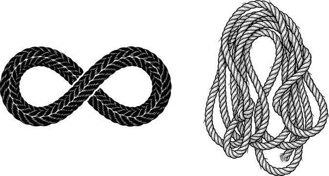 Vector Rope Design Elements Featuring Infinity Symbol Shape and Detailed Coiled Skein Graphic for Nautical, Maritime, and Outdoor Adventure Themes