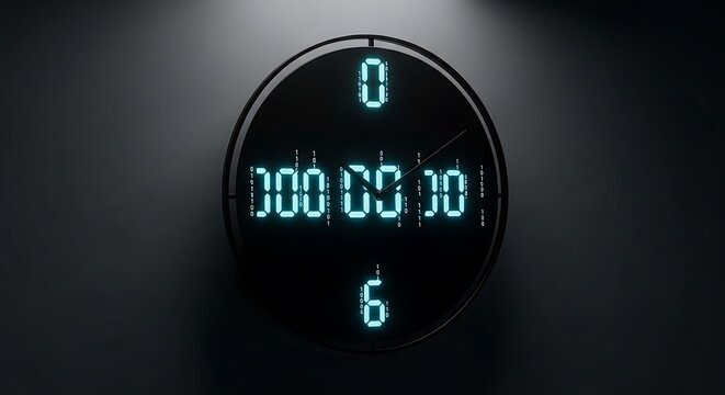 Glowing digital clock displaying time with binary code on face