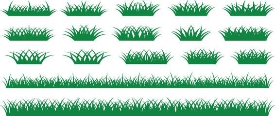 Collection of Green Grass Silhouettes in Various Bush and Border Styles on a White Background vector © Maru