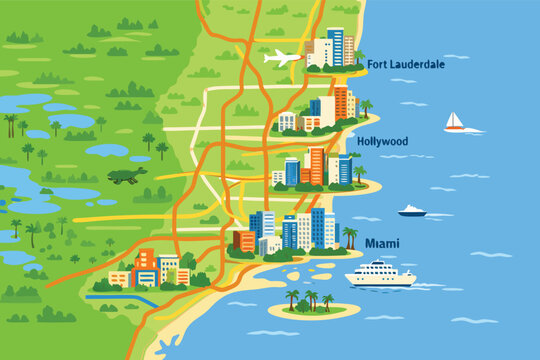 Colorful vector map illustration of South Florida showing Miami, Fort Lauderdale, and Hollywood cities with coastal skylines, highways, the Everglades wetlands, and cruise ships on the ocean.